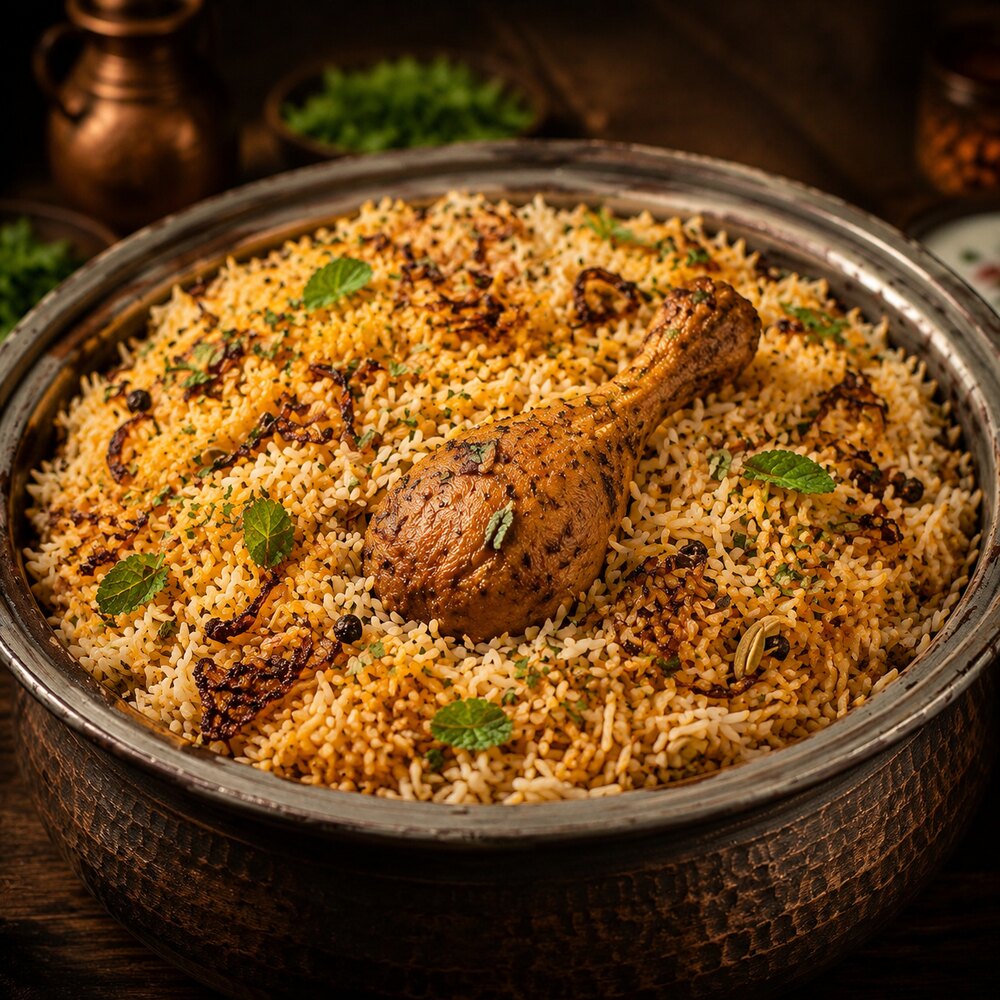 Close-up view of Chicken Biryani
